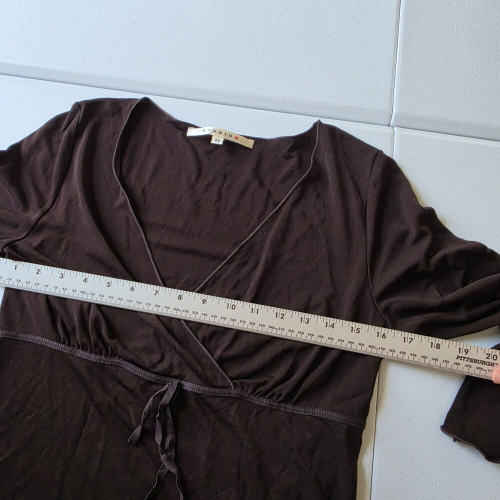 Y2K Whimsigoth Fairy Grunge Blouse Womens Medium Brown Wrap V Neck Tie Waist - Picture 5 of 7